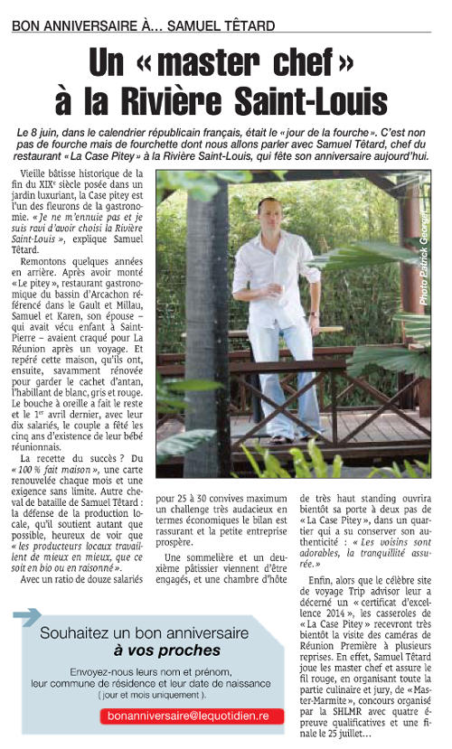 Un «master chef» à la Rivière Saint-Louis, Le Quotidien 8 juin 2015, article Stéphanie Buttard